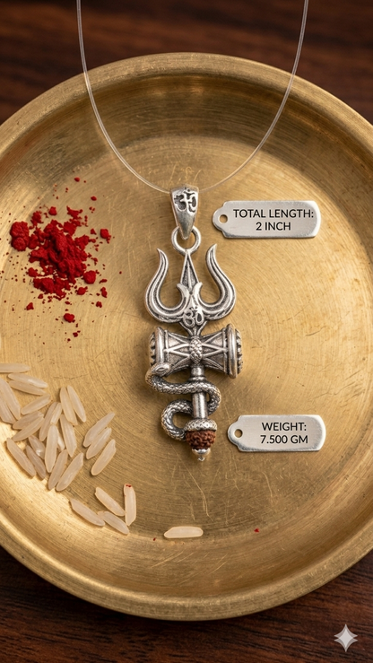 Divine Trishul Damru Silver Pendant with Rudraksha