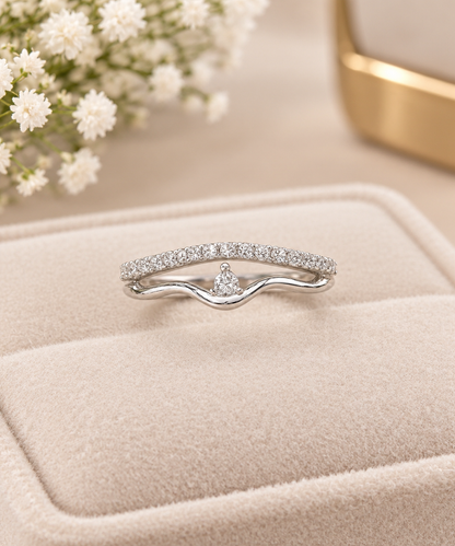 Sterling Silver Curved Wave Nesting Band & Stacking Ring Set – Delicate Tiara Crown Bridal Ring