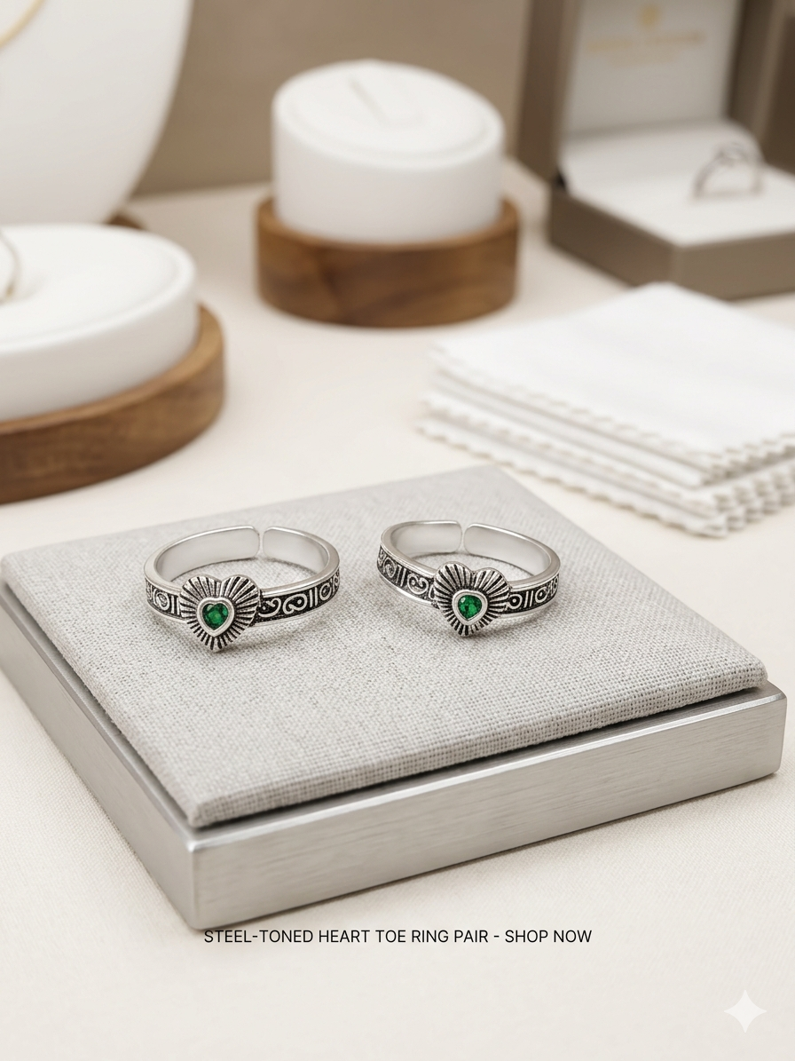 green Enamel heart Pattern Silver Mosaic Toe Rings
