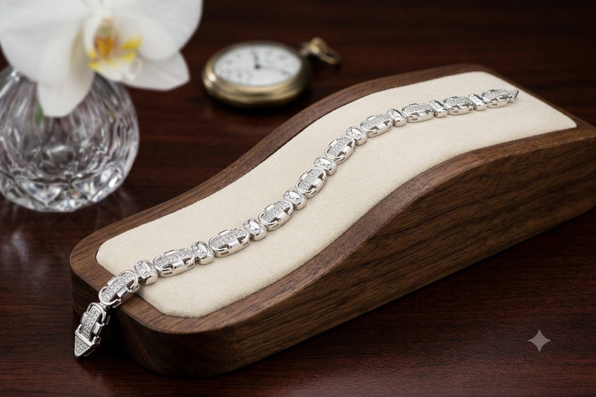 Alternating textured and stone-studded rectangular links Elegant Silver-Tone Designer Bracelet