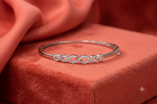 925 Sterling Silver Infinity Link Kada Bracelet for Women | Elegant CZ Studded Openable Silver Bangle | Daily Wear & Party Jewellery