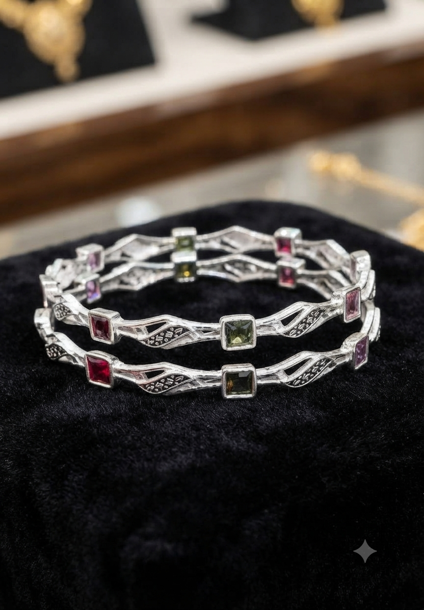 Antique Silver Multi-Color Gemstone Wave Bangles