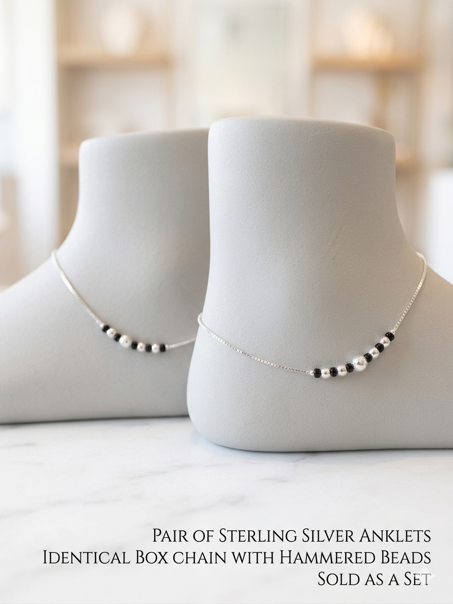 Sterling Silver Box Chain Anklet pair with Black and Hammered Beads