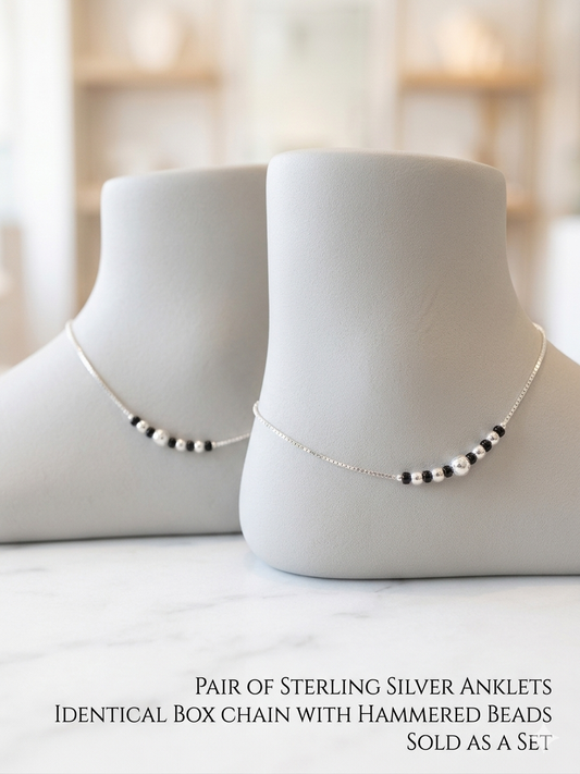 Sterling Silver Box Chain Anklet pair with Black and Hammered Beads