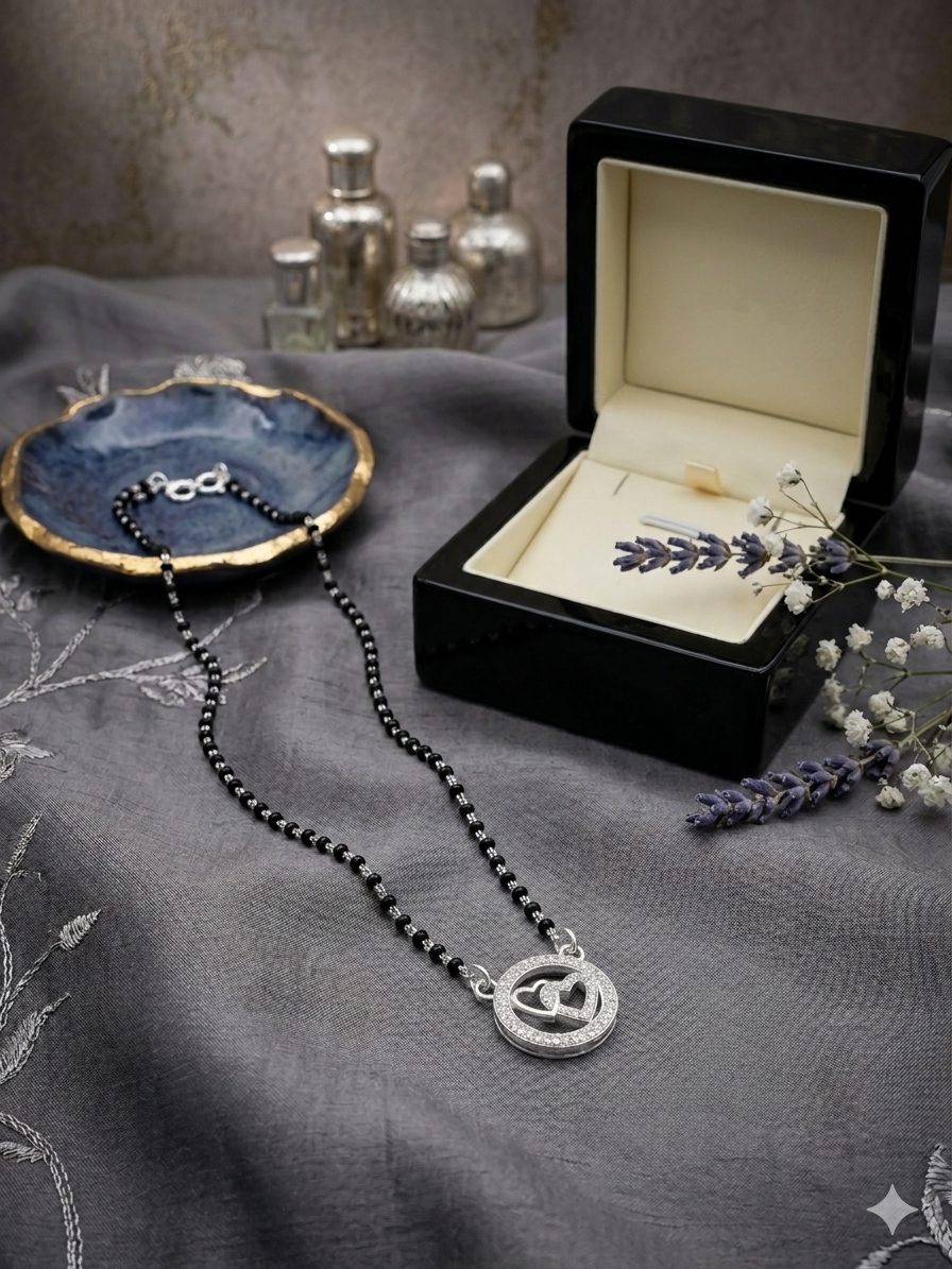 Silver Mangalsutra in blackbeeds chain and cz heart shap pendant for Women