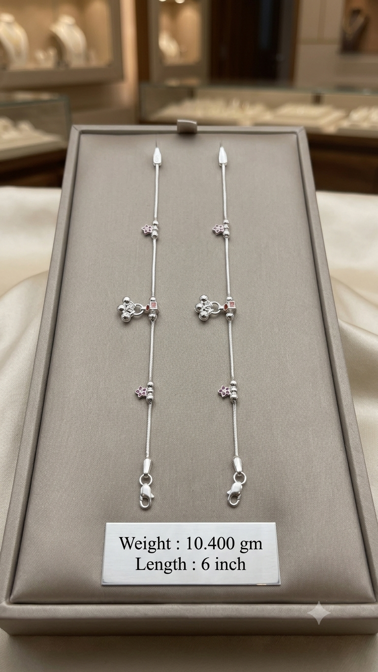 Silver Kids Payal with Pink Floral Charms & Gentle Sound Ghungroo