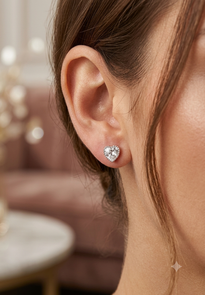 Heart-Cut Solitaire Stud Earrings – Vintage Milgrain Beaded Border Cubic Zirconia Studs in Silver
