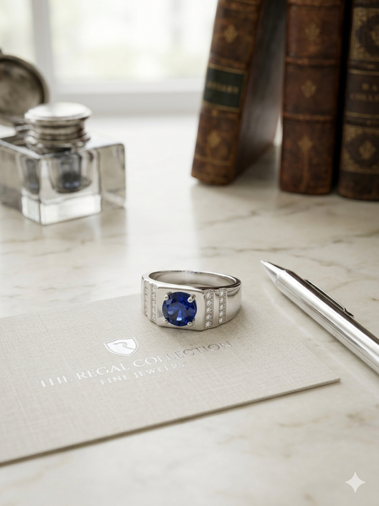 Men’s Cosmos Blue Sapphire Ring – 925 Silver Band with Textured Engravings