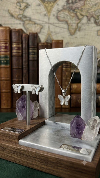 925 Silver butterfly Pendant Necklace with Sparkling earring