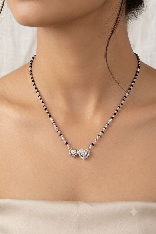 925 Sterling Silver Dual Heart Solitaire Mangalsutra with Black Beads & Pavé CZ for Women