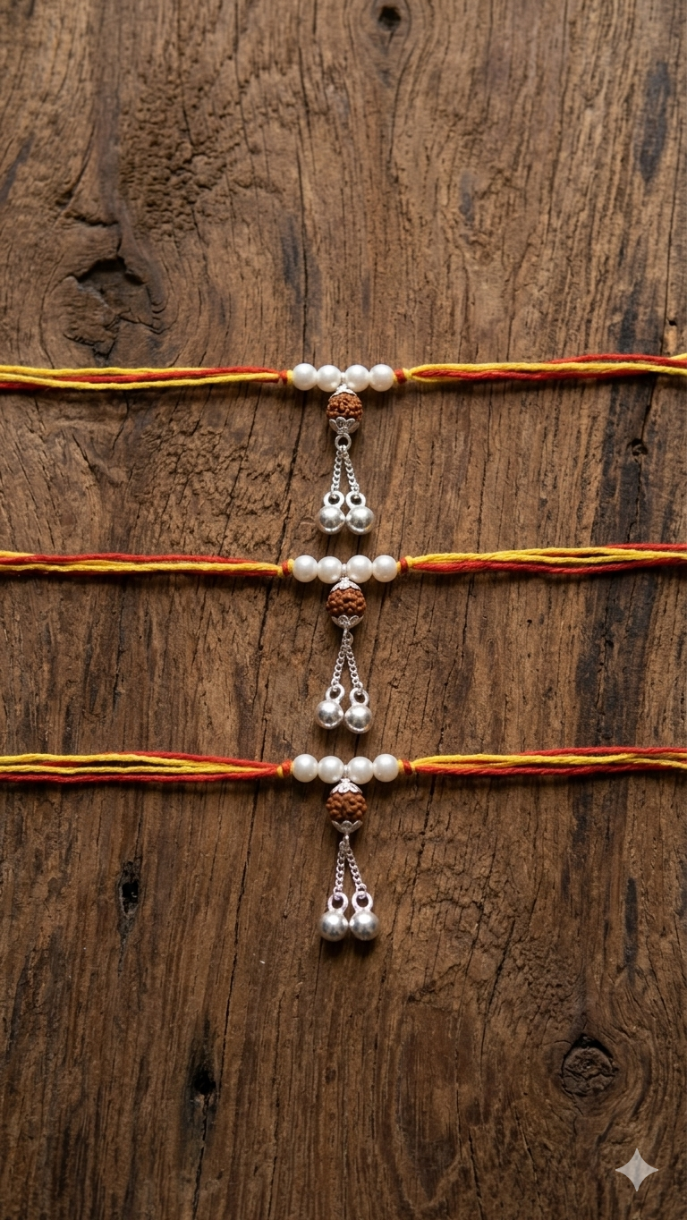 Traditional Rudraksha and Pearl Dangle Bhabhi Rakhi (set of 3)