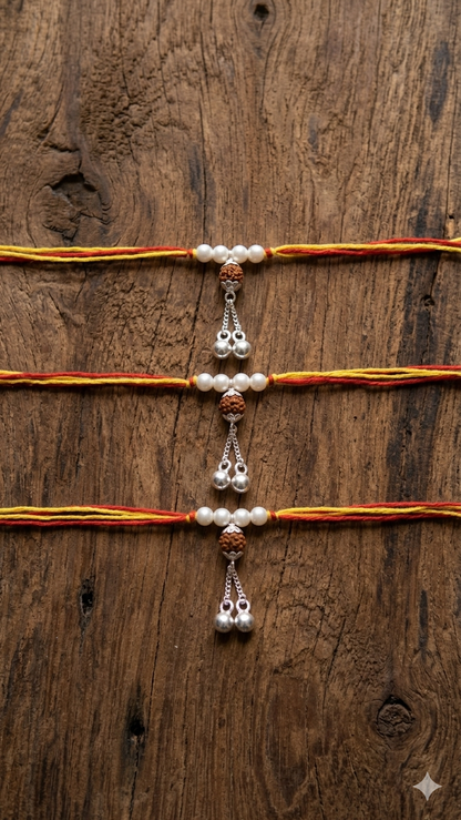 Traditional Rudraksha and Pearl Dangle Bhabhi Rakhi (set of 3)