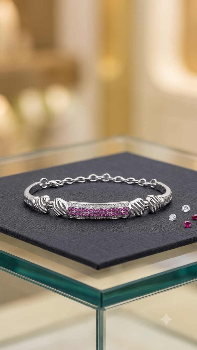 Elegant Silver kada with Ruby-Red Accents