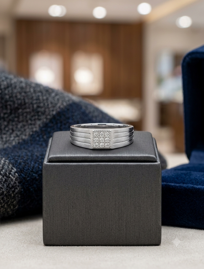 Men’s Diamond Signet Band in 925 Silver – Grooved Modern Wedding Ring