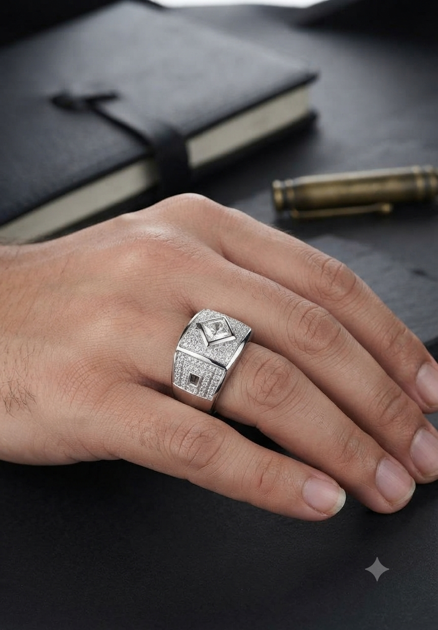 Men’s Kite-Set Princess Cut Diamond Signet Ring with Greek Key Motif in 925 Silver