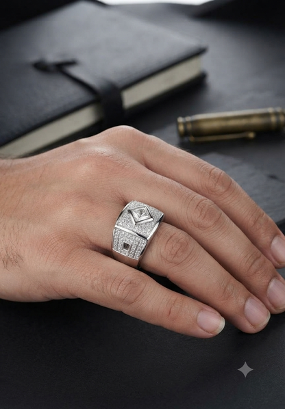 Men’s Kite-Set Princess Cut Diamond Signet Ring with Greek Key Motif in 925 Silver