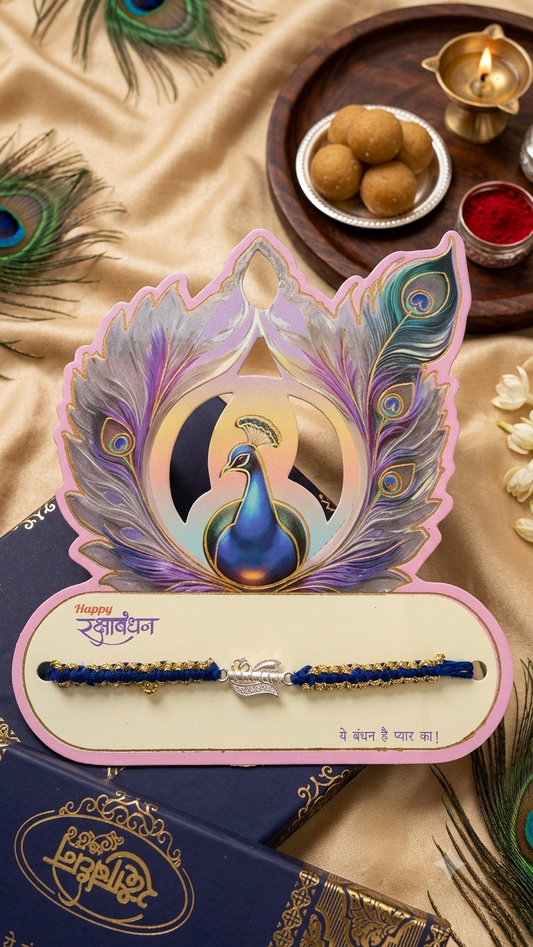 Designer Royal Blue thred with silver Aum and Bansuri Rakhi with Card