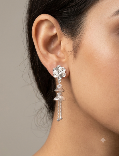 925 Sterling Silver Floral Tiered Jhumka Drop Earrings with Chain Tassels