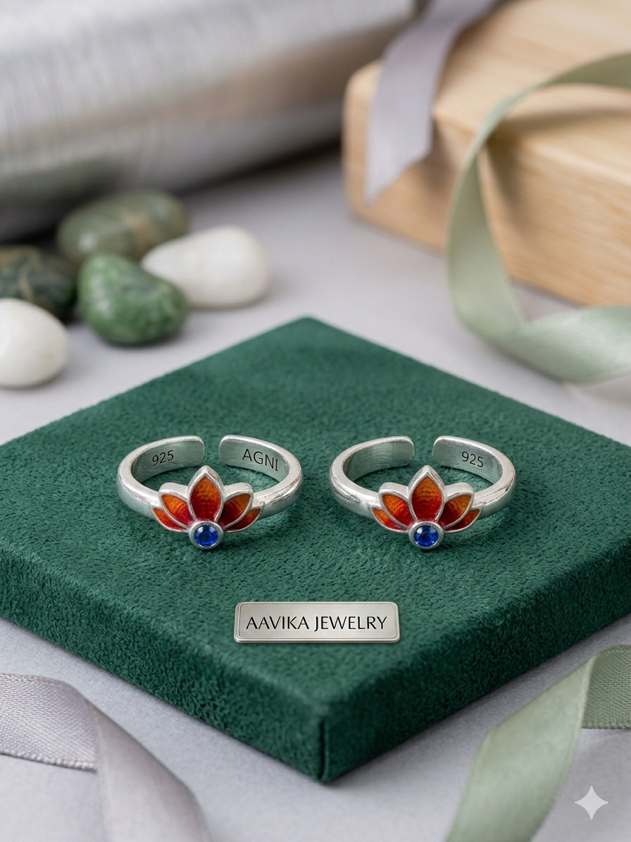 Aavika Blooming Lotus Silver Toe Rings – Handcrafted orange Meenakari & Ruby Accent (Pair)