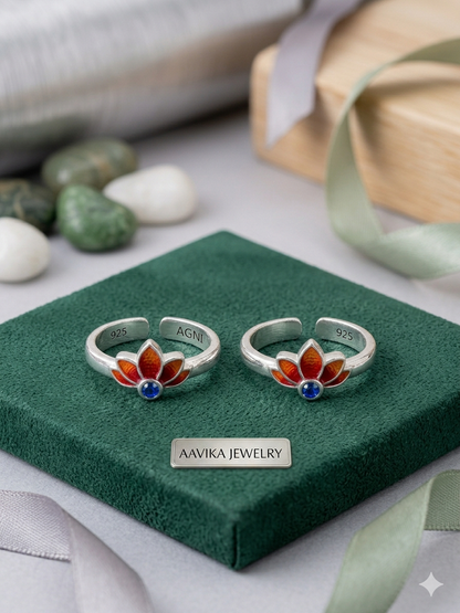 Aavika Blooming Lotus Silver Toe Rings – Handcrafted orange Meenakari & Ruby Accent (Pair)