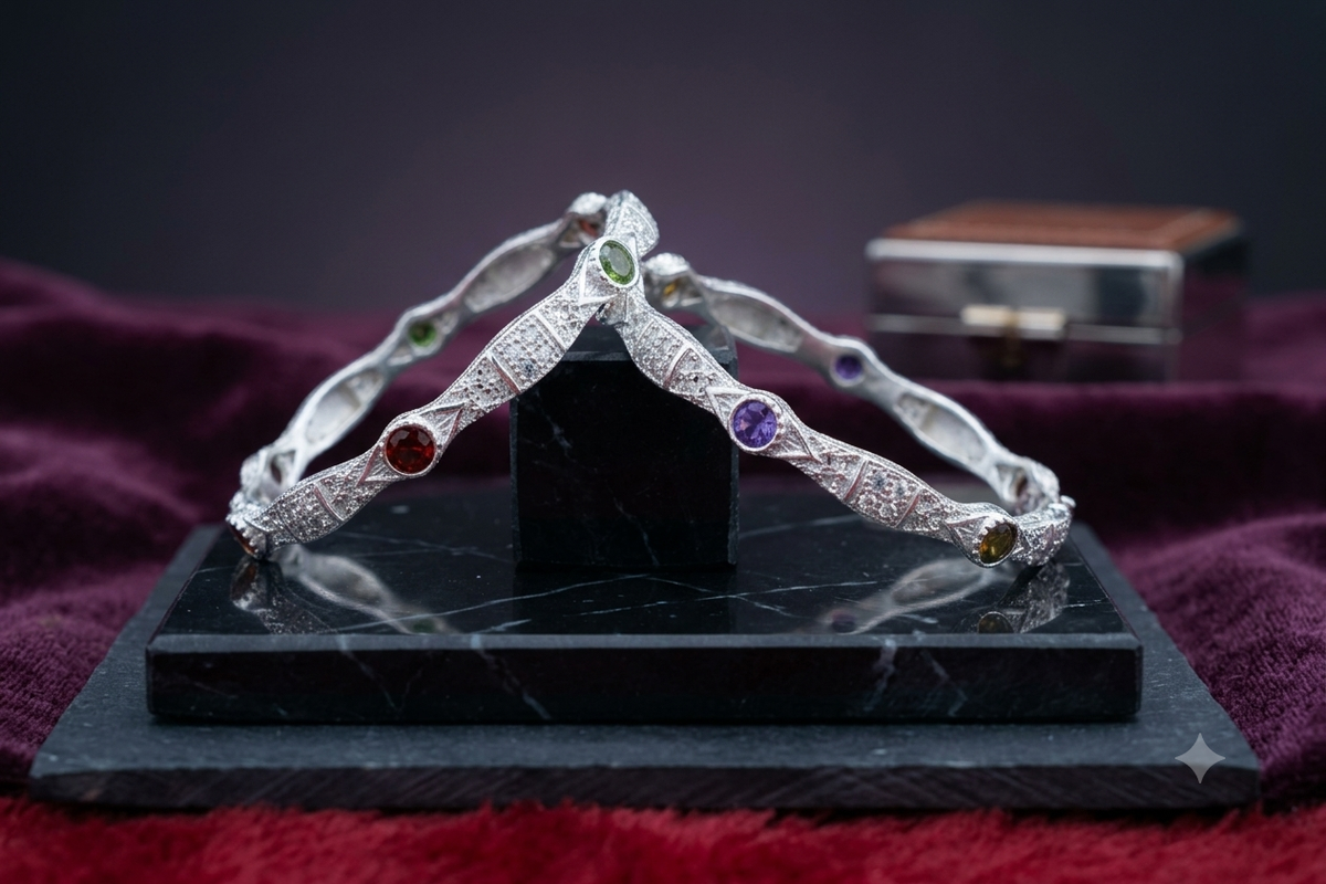 Navratna-Inspired Multi-Gemstone Kids Silver Bangle Pair for 2 to 4 year age