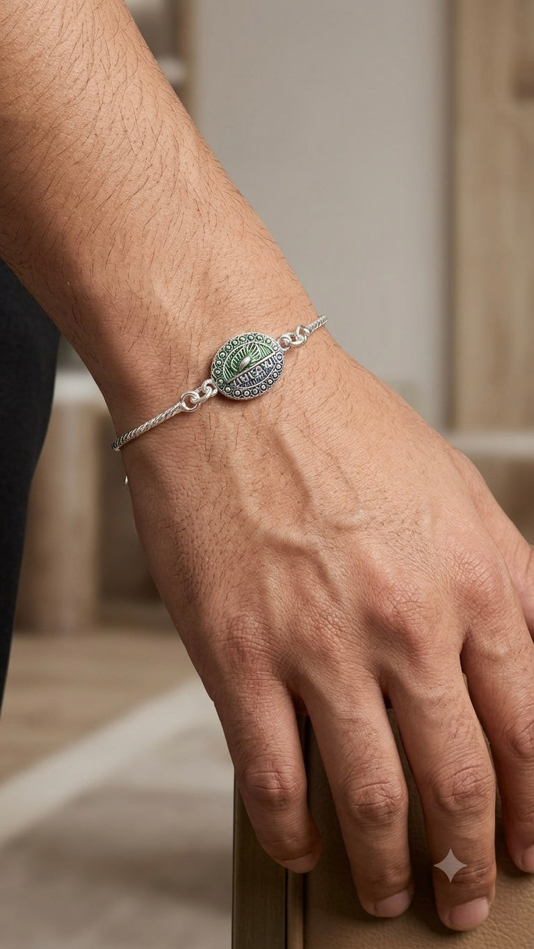 Handcrafted Silver Floral Mandala Bracelet / Rakhi with Turquoise Accents