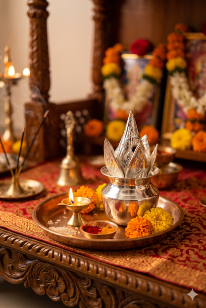 Pure Silver Kalash with Nariyal and Mango Leaves | Chandi Puja Kalash for Mandir, Diwali Puja & Griha Pravesh