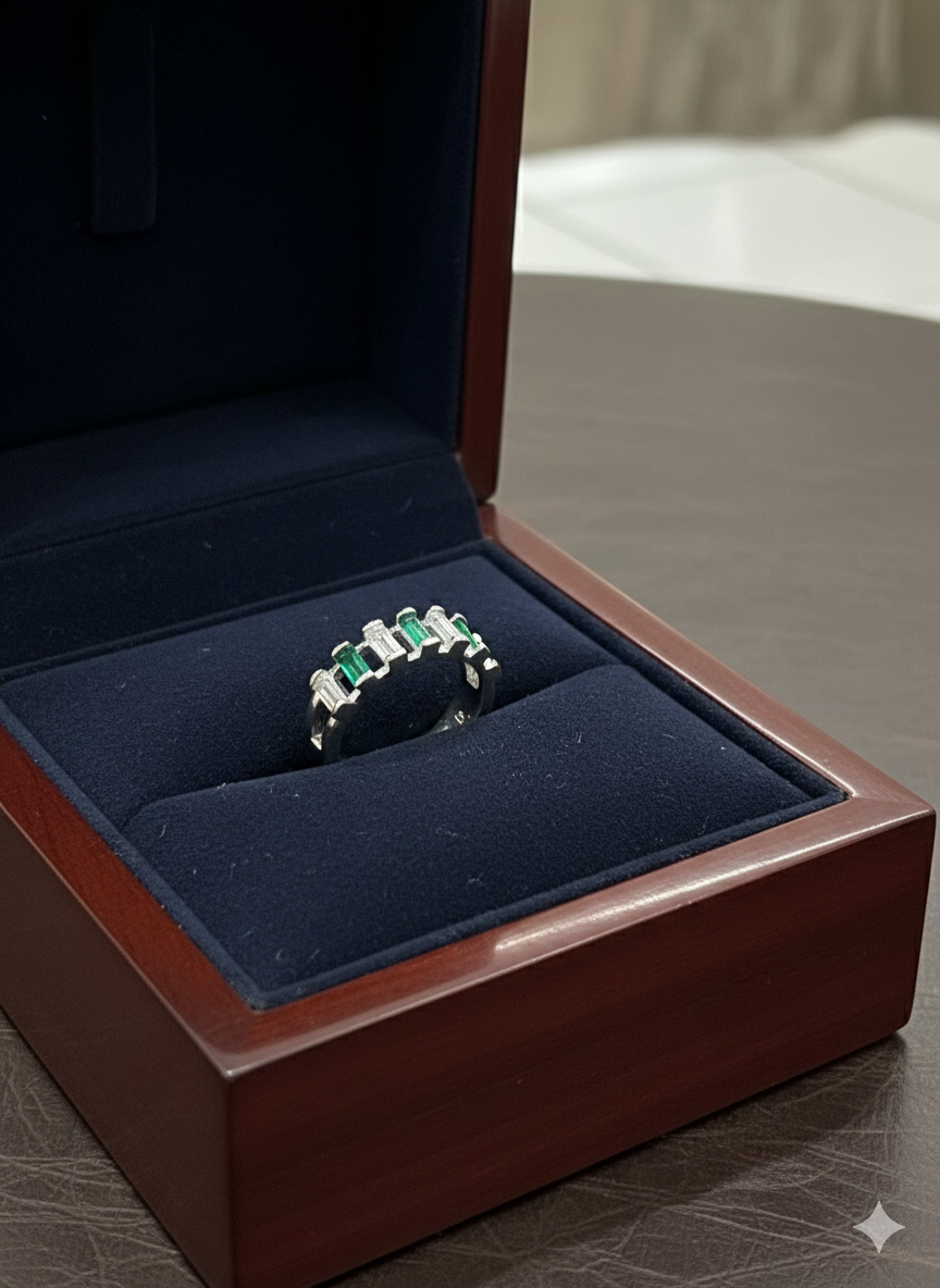 Sterling Silver Emerald & Diamond Simulant Alternating Baguette Eternity Ring
