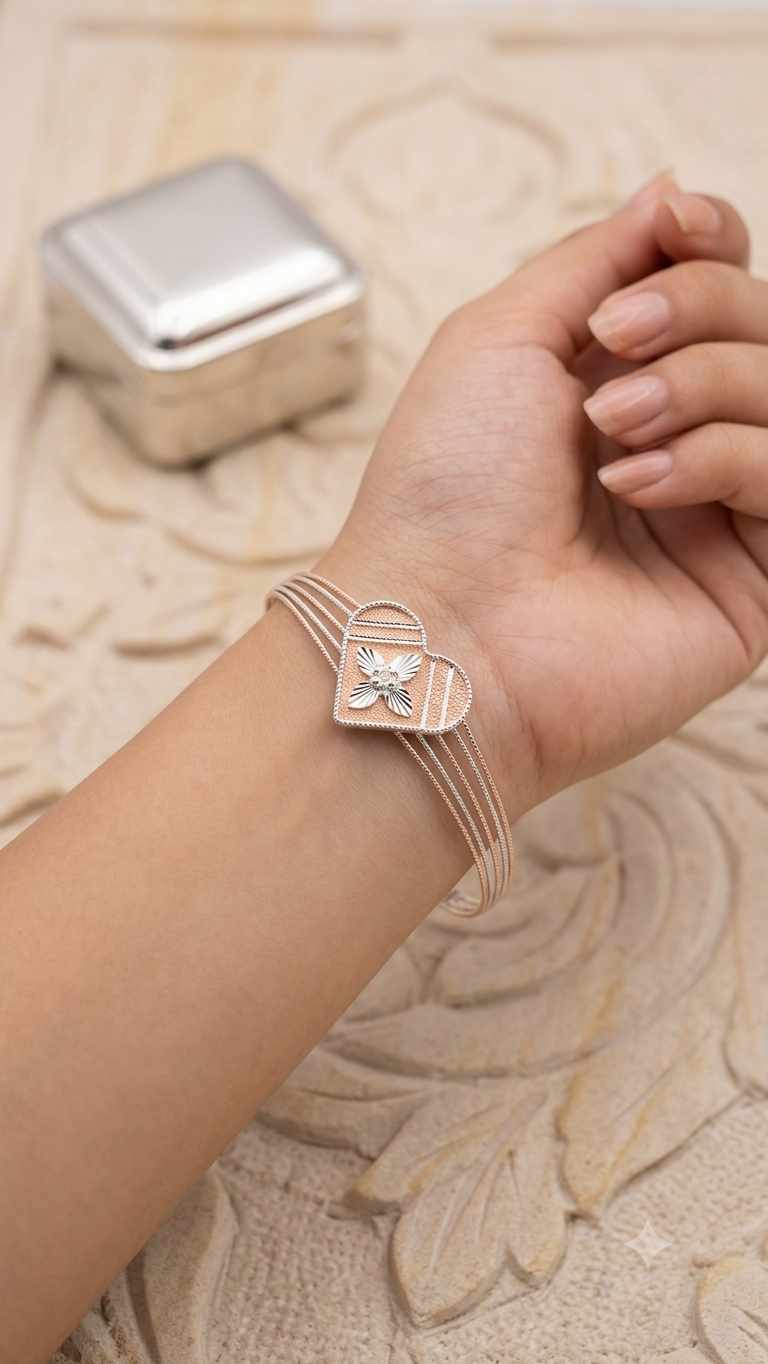 Elegant Two-Tone Rose Gold & Silver Heart Kada Bracelet for Women & Girls | Modern Floral Charm Multi-Strand Bengle