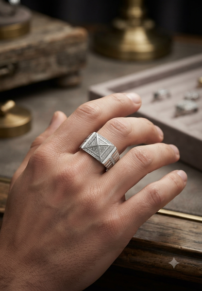 Men’s Geometric Pyramid Diamond Signet Ring in 925 Silver