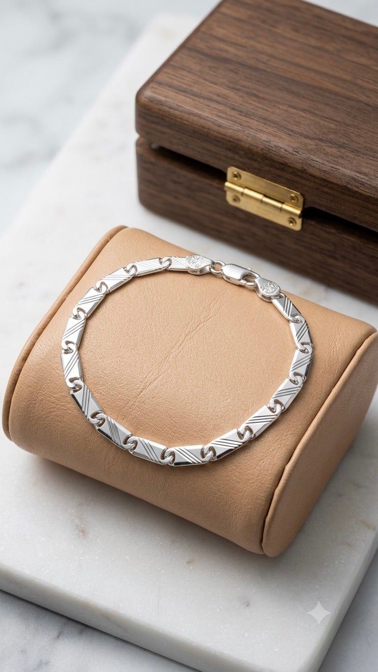 Classic Solid Silver Bar Link Bracelet for Men & Boys | High-Polish Diamond-Cut Engraved Chain Bracelet with Lobster Clasp