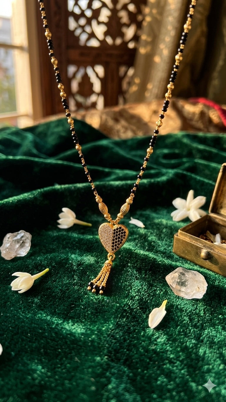 Gold plated silver mangalsutra black and white heart shap pendant