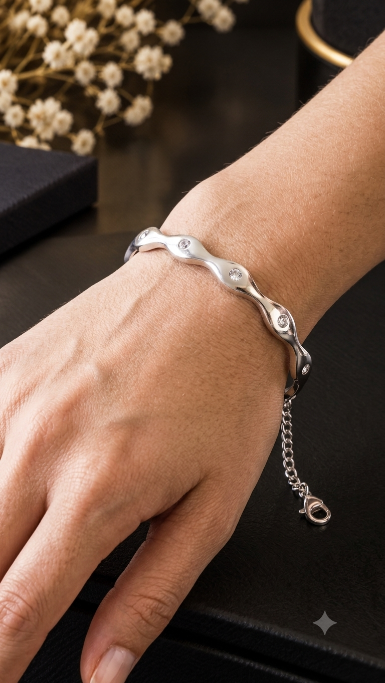 Sculptural Fluid Wave Inset-Stone Bangle