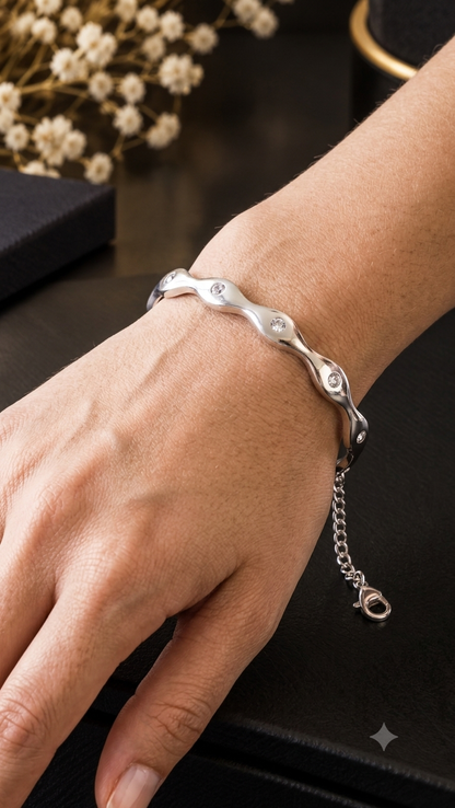 Sculptural Fluid Wave Inset-Stone Bangle
