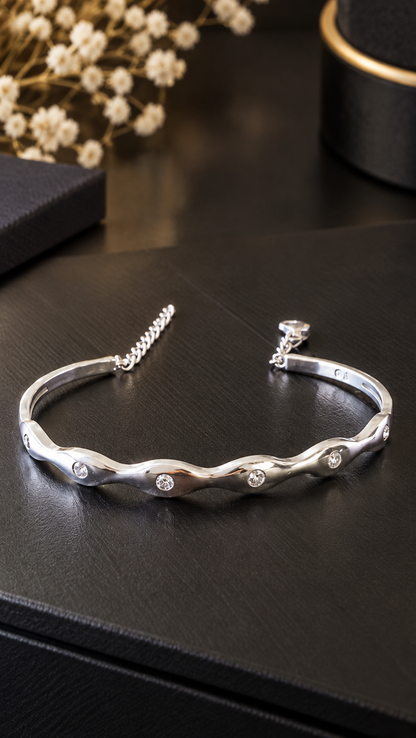 Sculptural Fluid Wave Inset-Stone Bangle