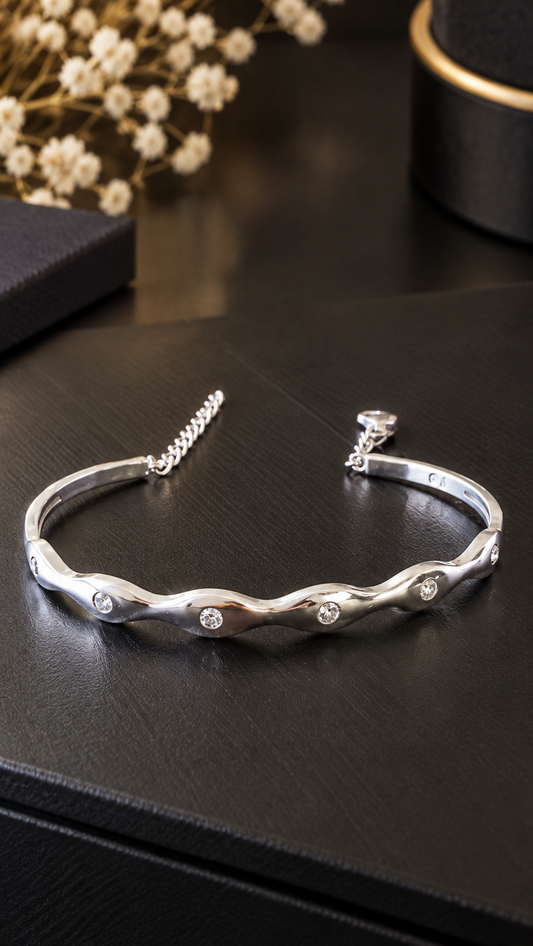Sculptural Fluid Wave Inset-Stone Bangle