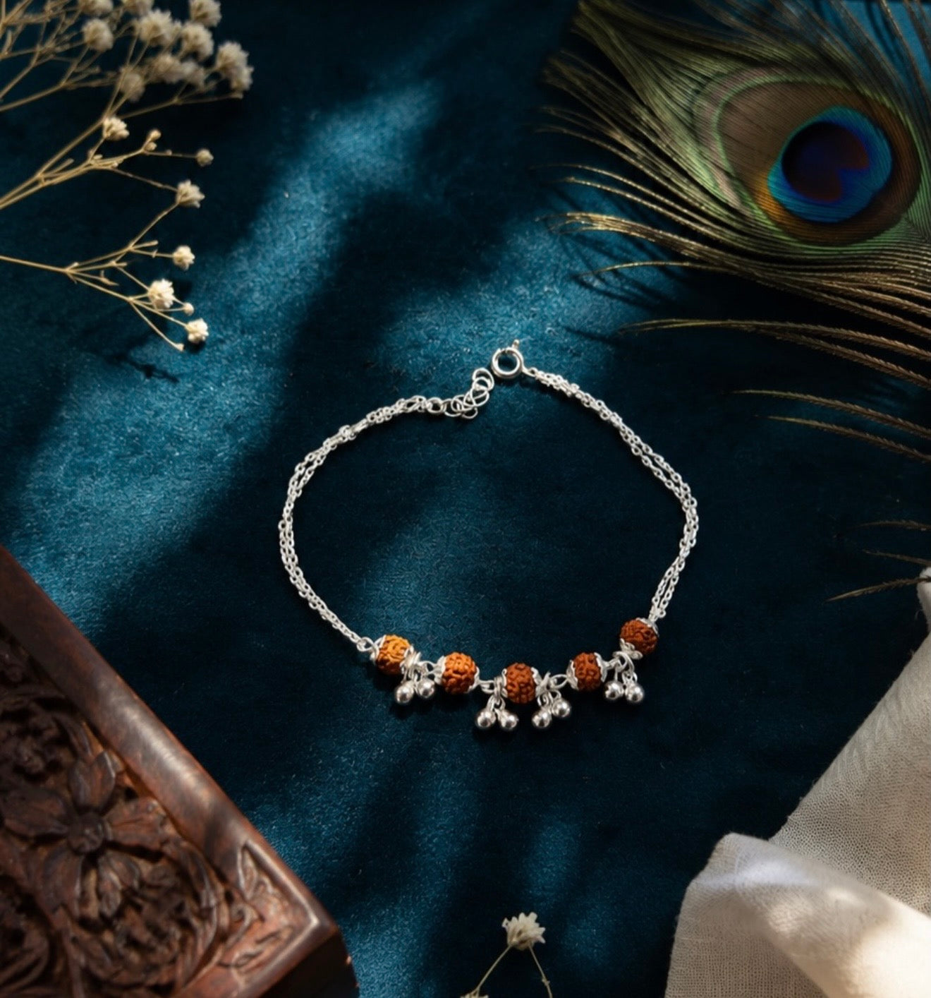 Aavika Zevar Pure Silver Rudraksha & Ghungroo Bracelet / Bhabhi Rakhi