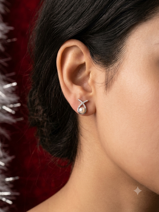 Aavika Zevar Sterling Silver Pearl Stud Earrings for Women & Girls | Elegant Teardrop Design