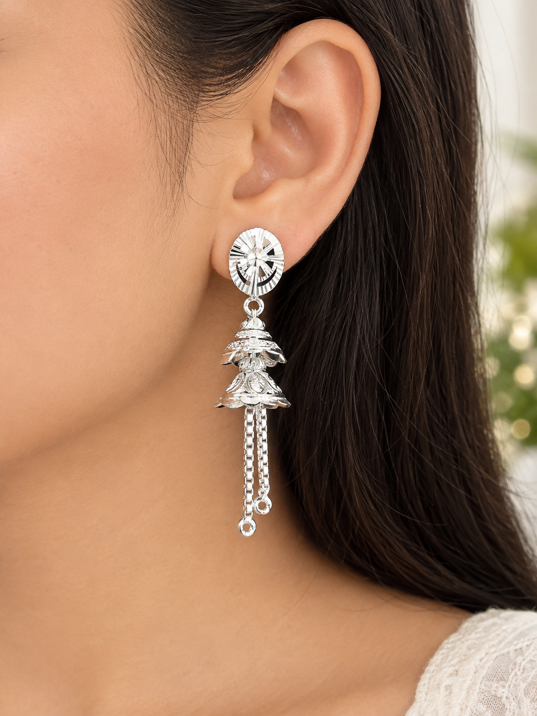 925 Sterling Silver Sunburst Diamond-Cut Tiered Jhumka Drop Earrings with Box Chain Tassels