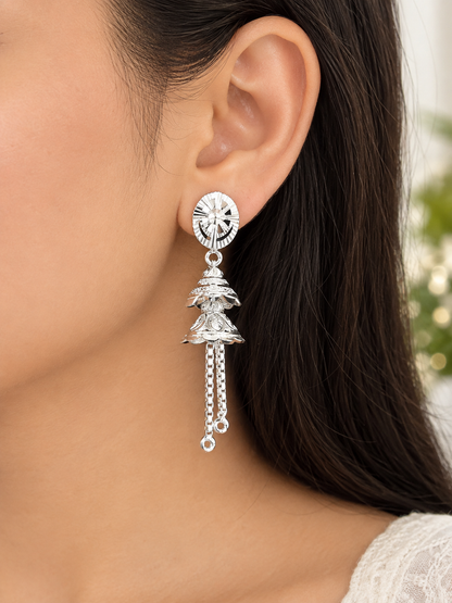 925 Sterling Silver Sunburst Diamond-Cut Tiered Jhumka Drop Earrings with Box Chain Tassels
