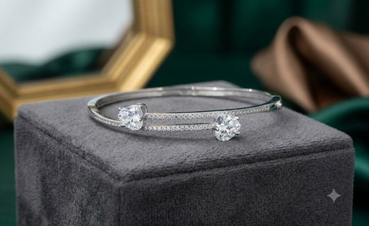 Elegant 925 Silver Kada with Twin heart CZ & Micro Pave Design