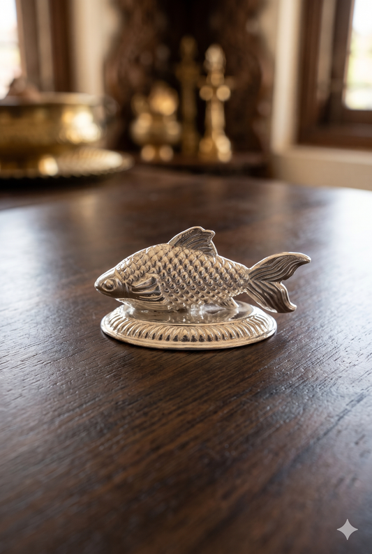 Pure Silver Fish Figurine on Carved Pedestal Base, Matsya / Good Luck Charm Idol for Vastu, Feng Shui, Home Altar & Tabletop Decor