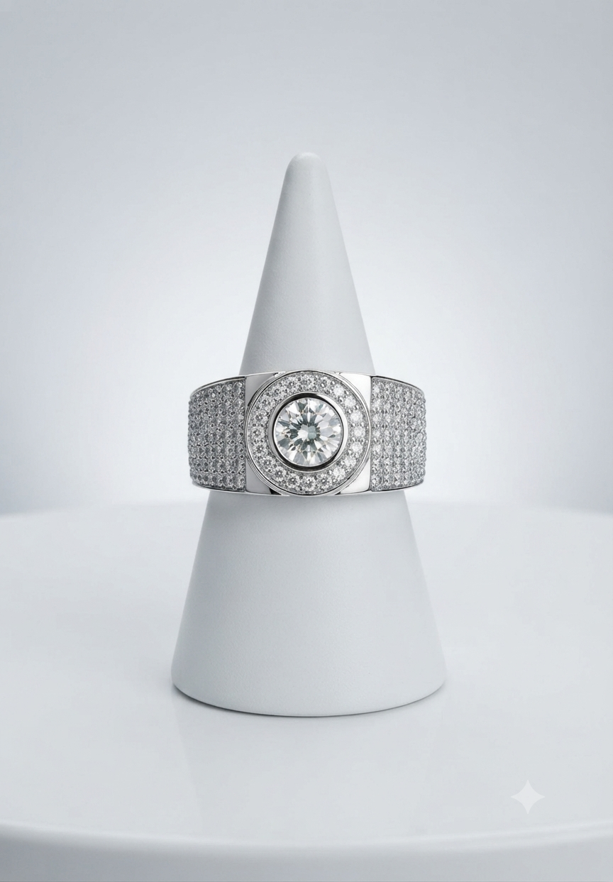 Men’s Round Cut Halo Diamond Signet Ring In 925 Silver