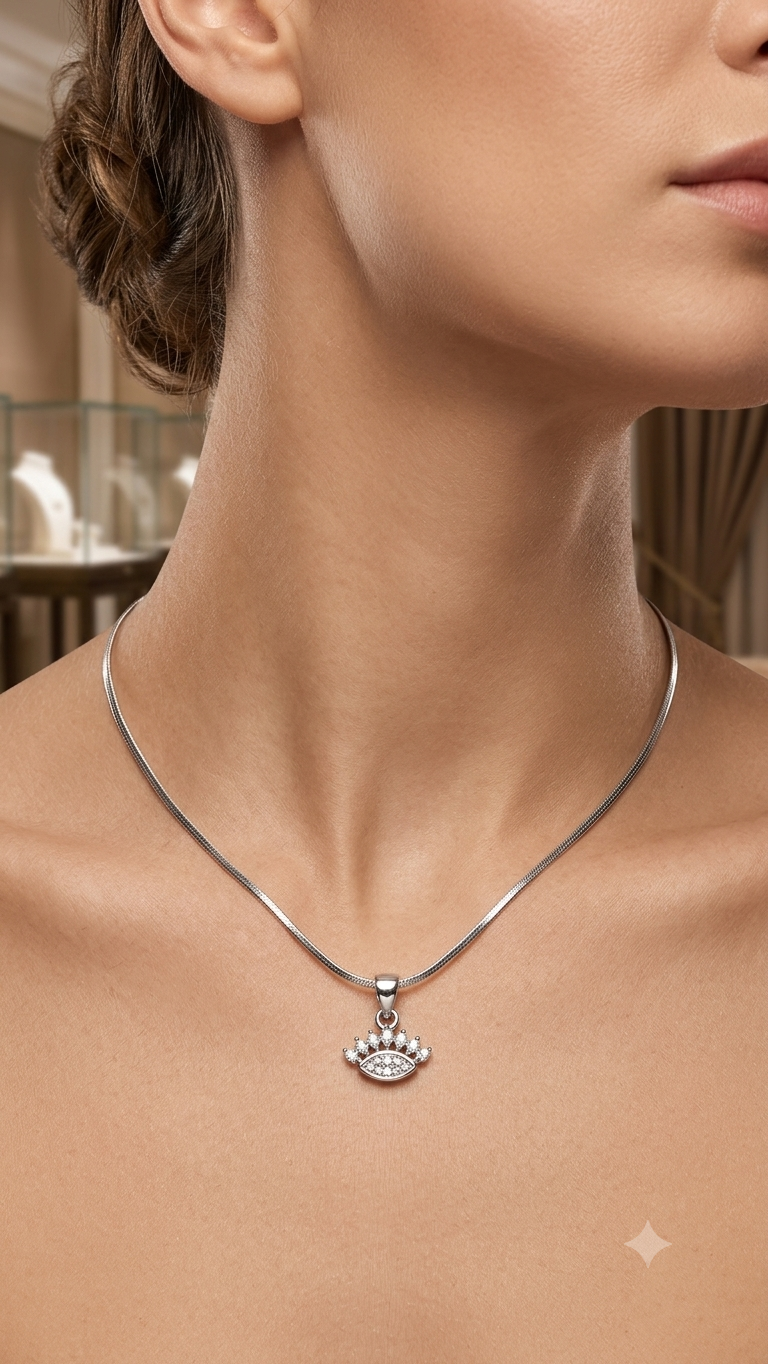 925 Silver Evil Eye Crown Pendant Necklace – Sparkling Zirconia Eyelash Charm on Sleek Snake Chain