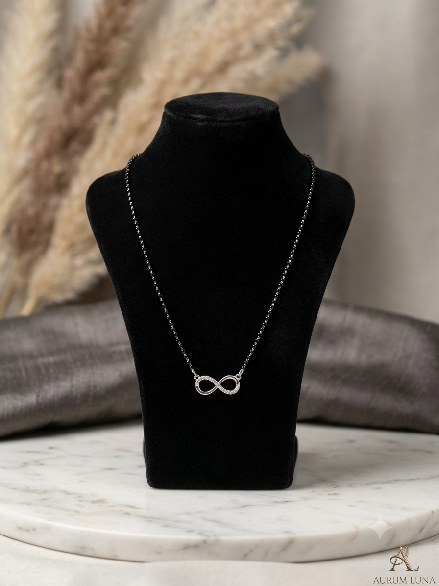 Italian Silver 925 Hallmarked Mangalsutra for Women | Infinity Design CZ Pendant | Black Beads Chain | Daily Wear & Gift for Wife