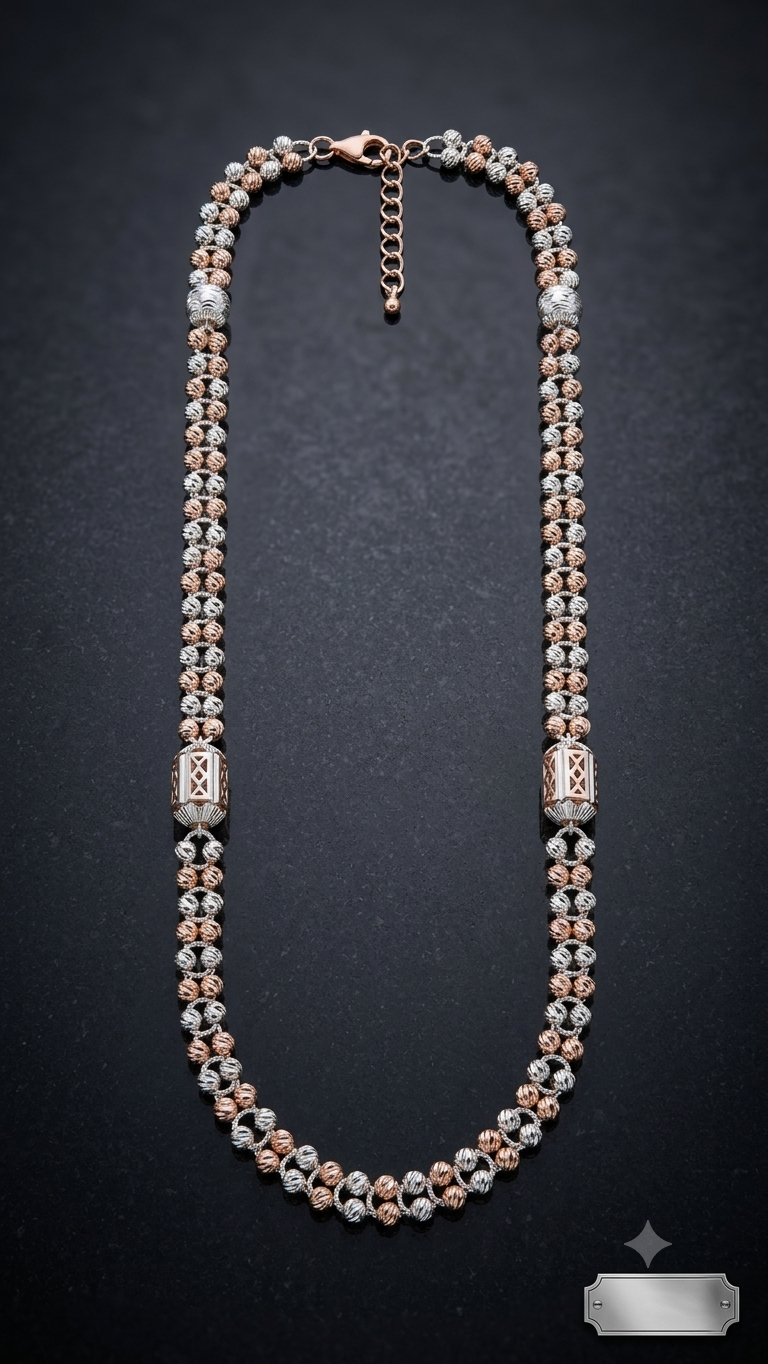 Dual-Tone Textured Beaded Link Necklace / chain