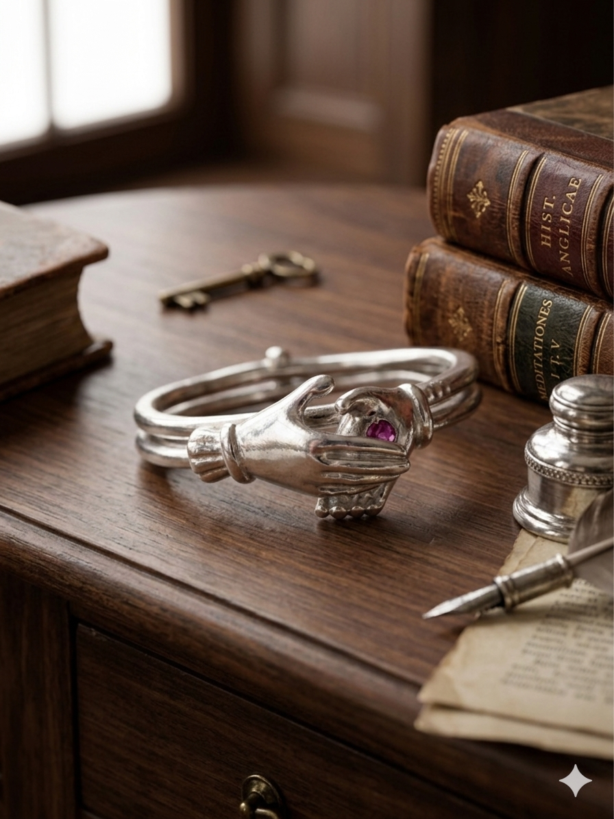 Sterling Silver Interlocking "Clasped Hands" Fede Puzzle Ring with Garnet Accent