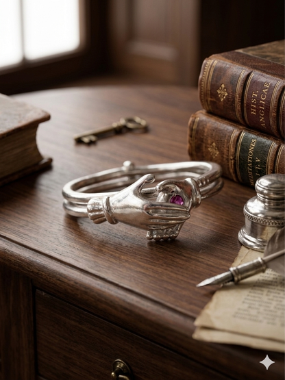 Sterling Silver Interlocking "Clasped Hands" Fede Puzzle Ring with Garnet Accent