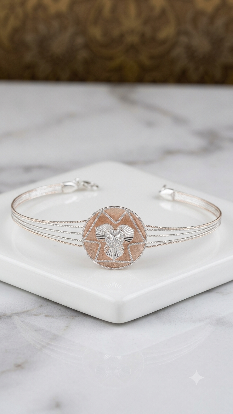 Chic Two-Tone Silver Circular Floral Kada Bracelet for Women & Girls | Delicate Multi-Wire Sleek Bangle