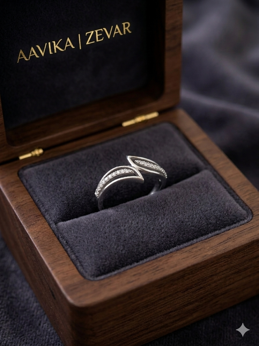 Aavika Zevar Sterling Silver Leaf-Inspired Open Bypass Ring | Handcrafted Sparkling Pavé Crystal Adjustable Ring for Women | Modern Minimalist Nature Jewelry